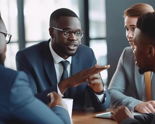 team-portrait-of-confident-multicultural-business-people-discuss-and-sit-at-table-in-boardroom-generative-ai-illustration-photo